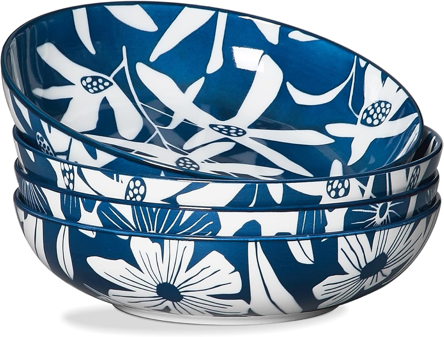 ONEMORE Ceramic Pasta Bowls Set of 4, 36 oz Salad Bowls, Large Kitchen Shallow Bowls Set-Vintage Blue Floral Pattern, Oven Microwave Dishwasher Safe, Scratch Resistant