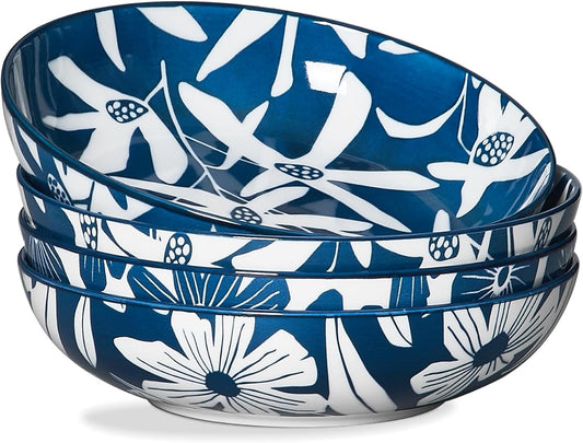 ONEMORE Ceramic Pasta Bowls Set of 4, 36 oz Salad Bowls, Large Kitchen Shallow Bowls Set-Vintage Blue Floral Pattern, Oven Microwave Dishwasher Safe, Scratch Resistant