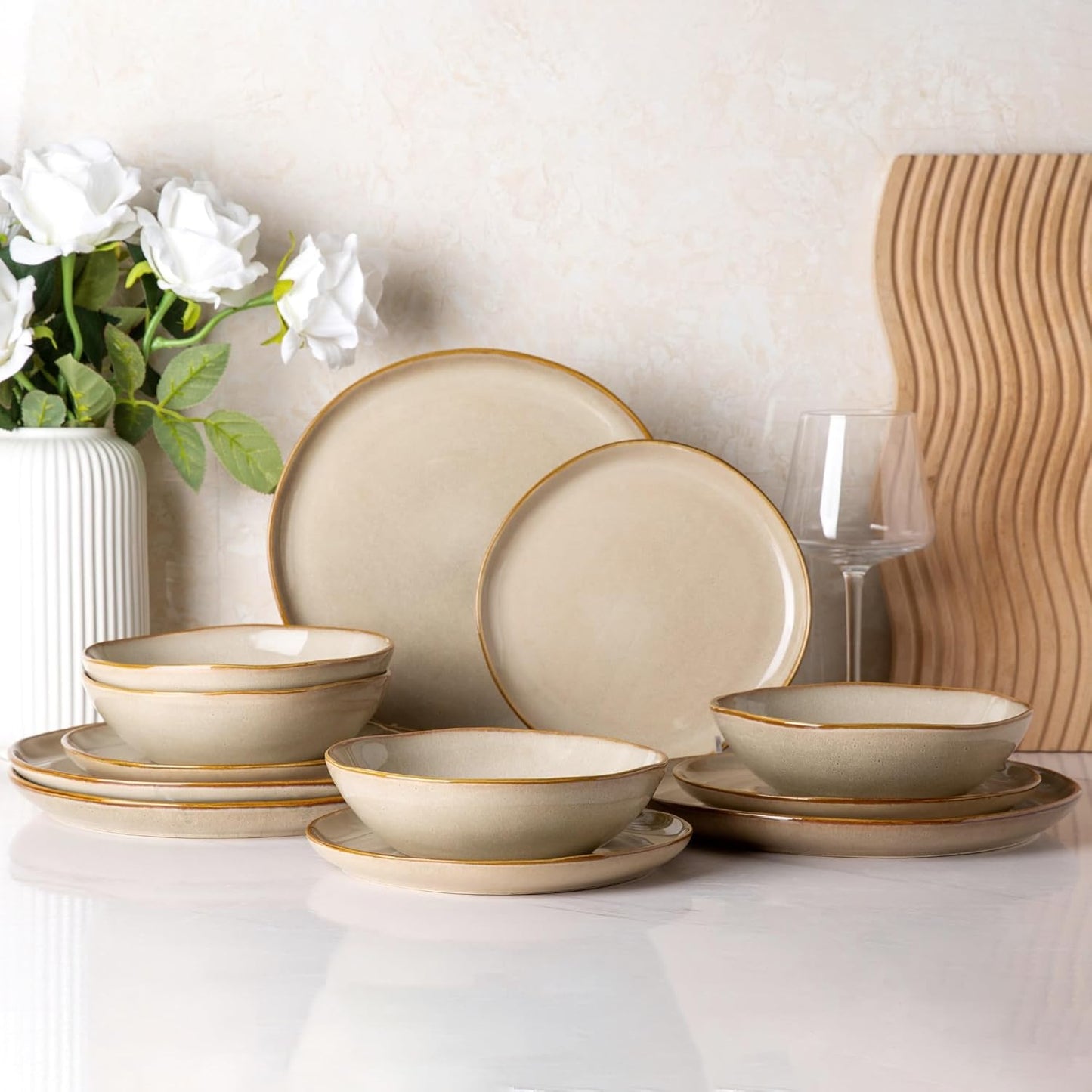 AmorArc Ceramic Dinnerware Sets,Handmade Reactive Glaze Stoneware Plates and Bowls Set,Highly Chip and Crack Resistant Dishware | Dishwasher & Microwave Safe Dishes,Service for 4 (12pc)