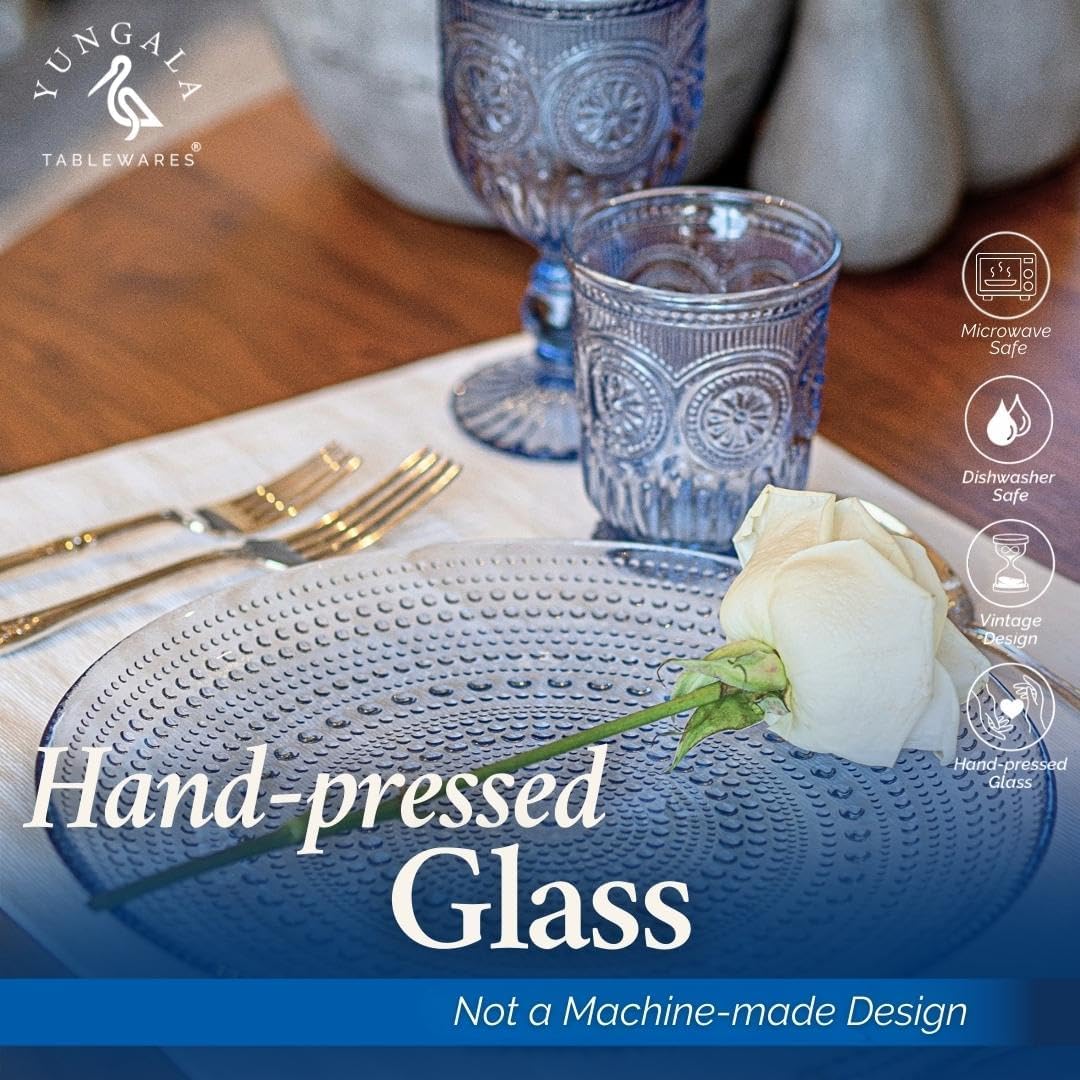 Yungala Blue Glass Plates set of 4 hobnail design textured plates with dot pattern blue glassware, pair with matching wine glasses and drinking glasses.