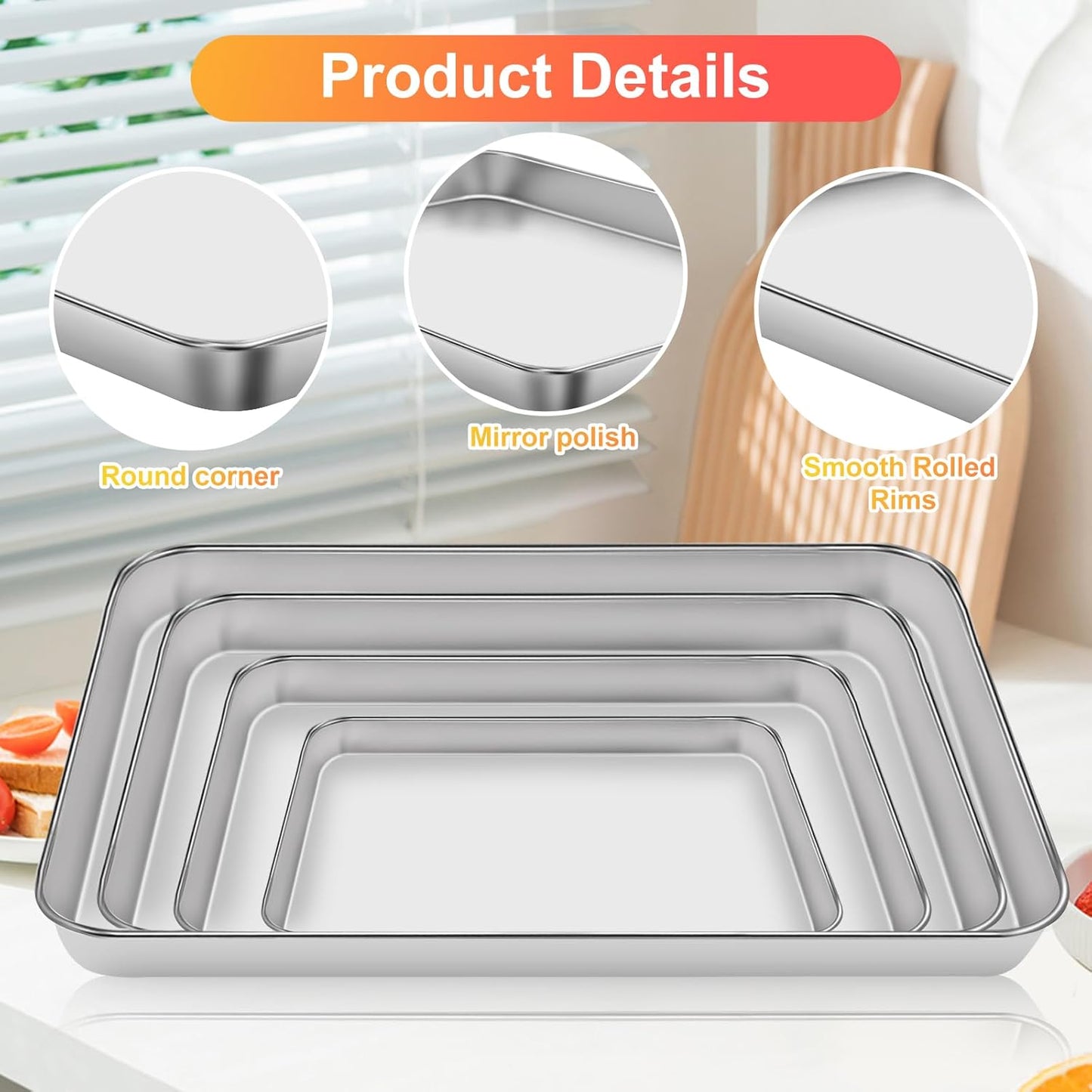 Baking Sheet Set of 4, Stainless Steel Cookie Sheet Pan,Stainless Steel Baking Pan Oven Tray, Mirror Finish,Heavy Duty, Easy Clean & Dishwasher Safe,9/10/12/16 Inch