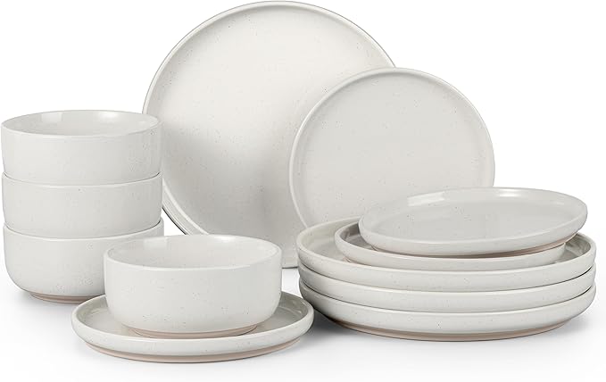 HaWare Stoneware Dinnerware Sets, 12-Piece Plates and Bowls Set for 4, Dishes Set for Home Restaurant, Speckled Milky White