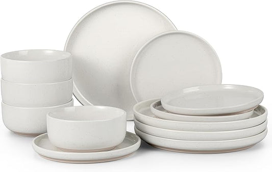 HaWare Stoneware Dinnerware Sets, 12-Piece Plates and Bowls Set for 4, Dishes Set for Home Restaurant, Speckled Milky White