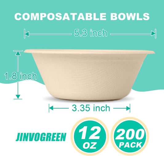 200 Count 12 oz Paper Bowls, Disposable Compostable Bowls Bulk, Heavy Duty Biodegradable Bagasse Bowl for Snacks, Soup, and Salads, Natural