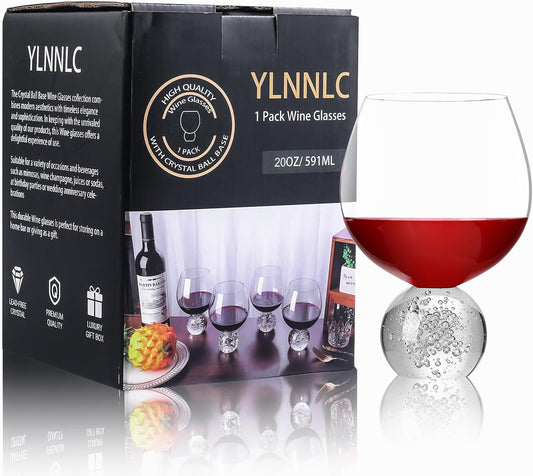 1Pack 20oz Stemless Wine Glasses with Crystal Bubble Ball Base, Premium Lead-free Juice Glass, Red & White Wine Glasses for Daily Use, Party, Home Bar, Wedding, Shower, Birthday, Christmas Gift