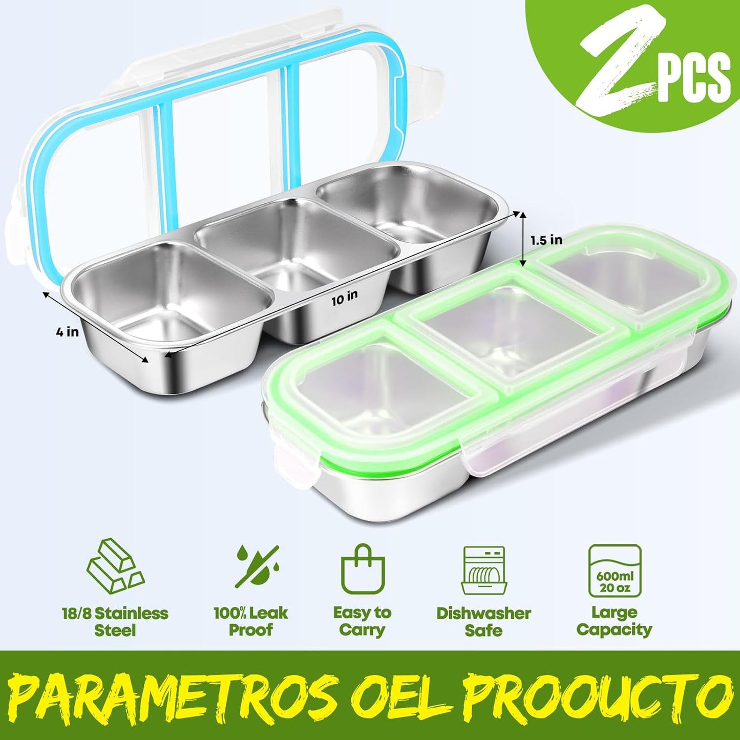 2 Pack Stainless Steel Snack Containers with Lids - Reusable 3 Compartment Snackle Box Container Divide Wet Dry Leakproof Metal Food Storage Containers for School, Home, Travel (Blue + Green)