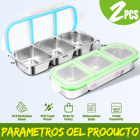 2 Pack Stainless Steel Snack Containers with Lids - Reusable 3 Compartment Snackle Box Container Divide Wet Dry Leakproof Metal Food Storage Containers for School, Home, Travel (Blue + Green)