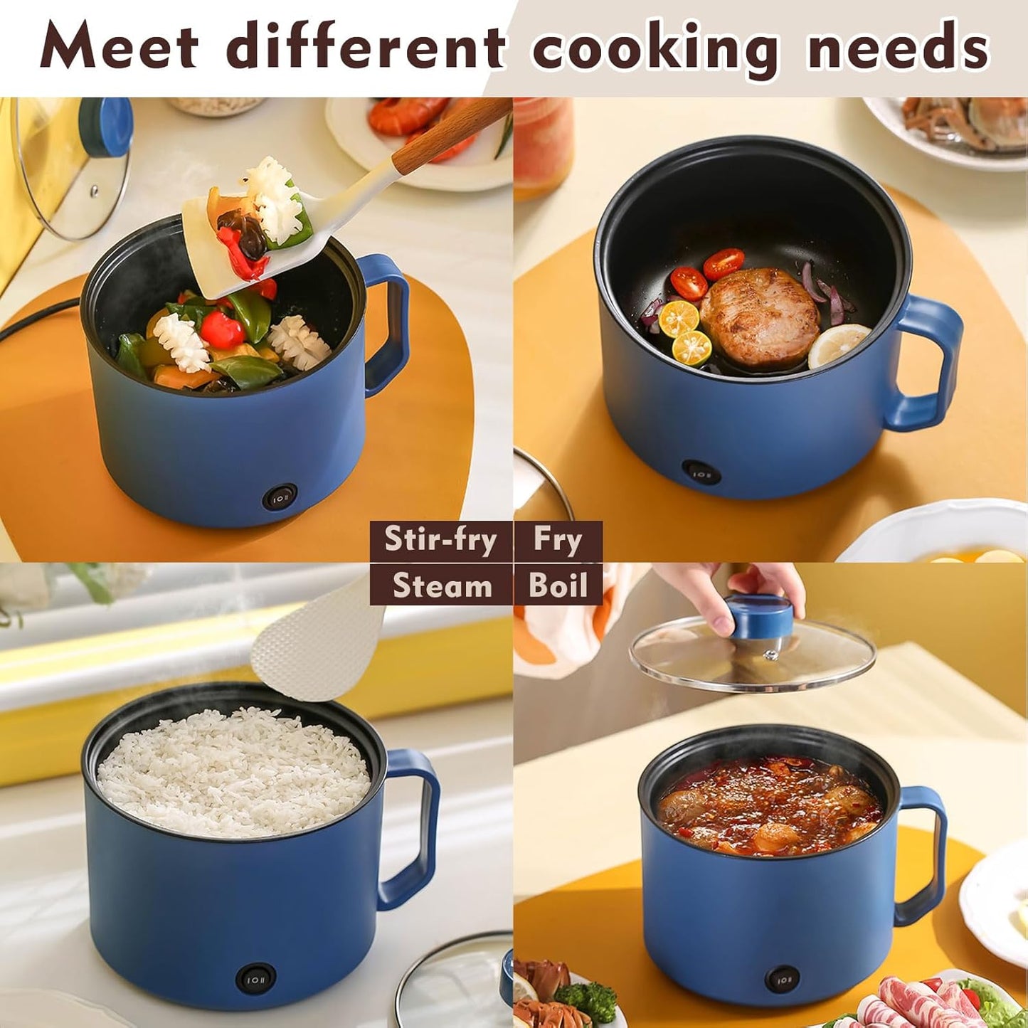 2 Pcs 1.8l Electric Ramen Cooker Hot Pot Electric Dual Power Noodle Cooker, Boil Dry Protection, Nonstick, Multifunctional Lazy Pot for Cooking Pasta, Noodles, Egg, Dorm Home Travel 7x3.15"