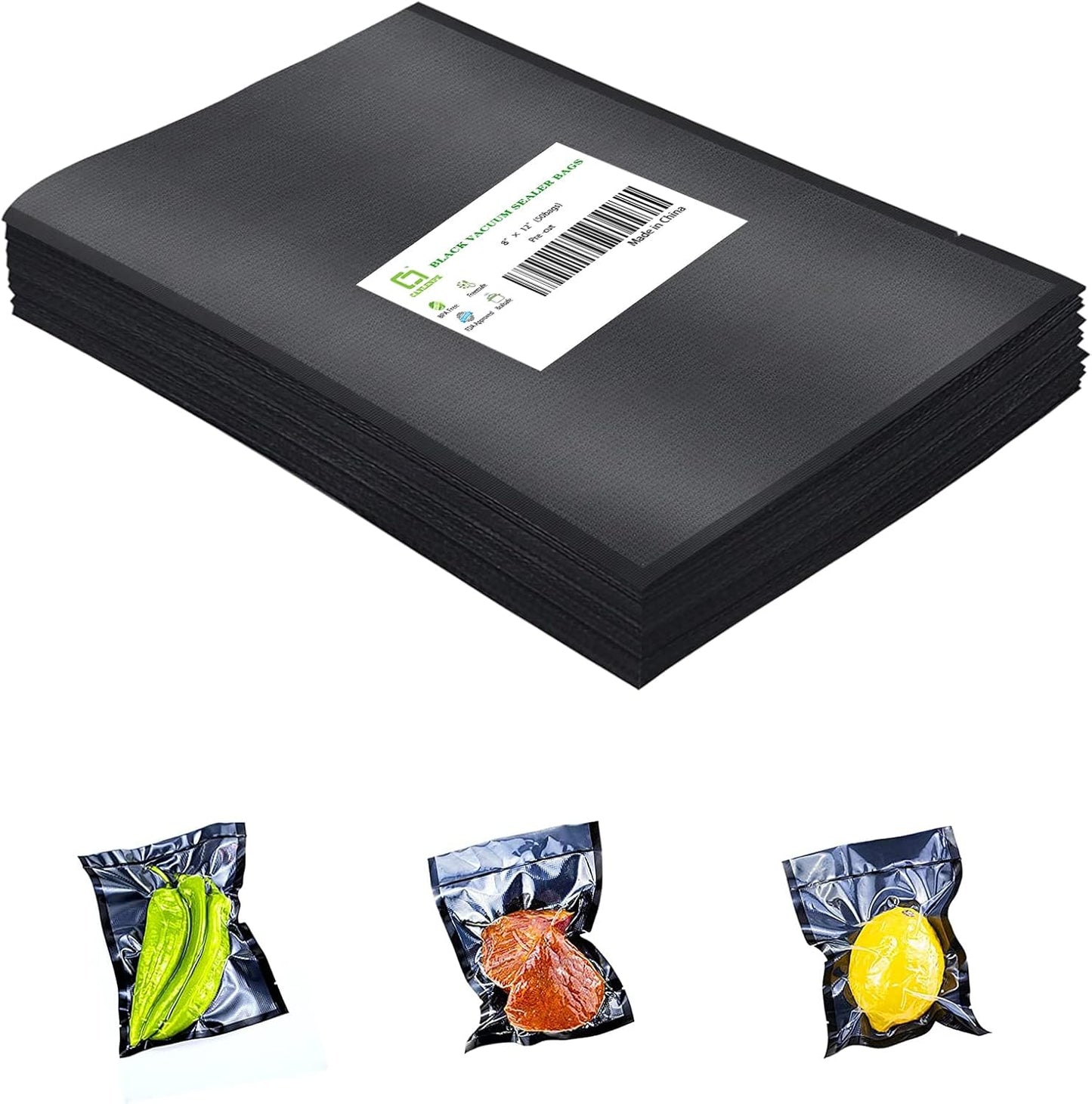 CANLENPK Vacuum Sealer Bags, Food Storage Bag, Seal Meal Snack Fruit Nut, Boil Steam Heat Freeze Sous Vide Food Sealable Bags (Black Back, 20x30cm,50Bag)