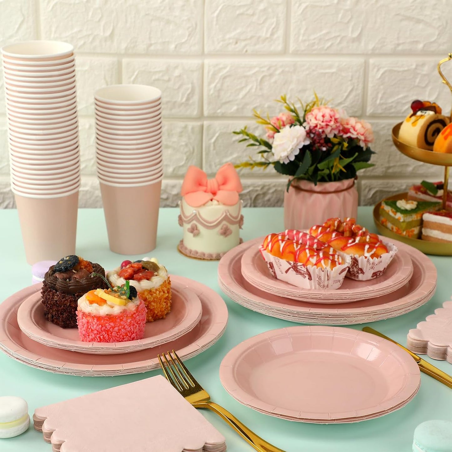 150 Pcs Disposable Party Dinnerware Supplies Set Includes 7'' 9'' Disposable Paper Plates 9oz Paper Cups Scalloped Cocktail Napkins for Baby Shower Birthday Wedding(Light Pink)