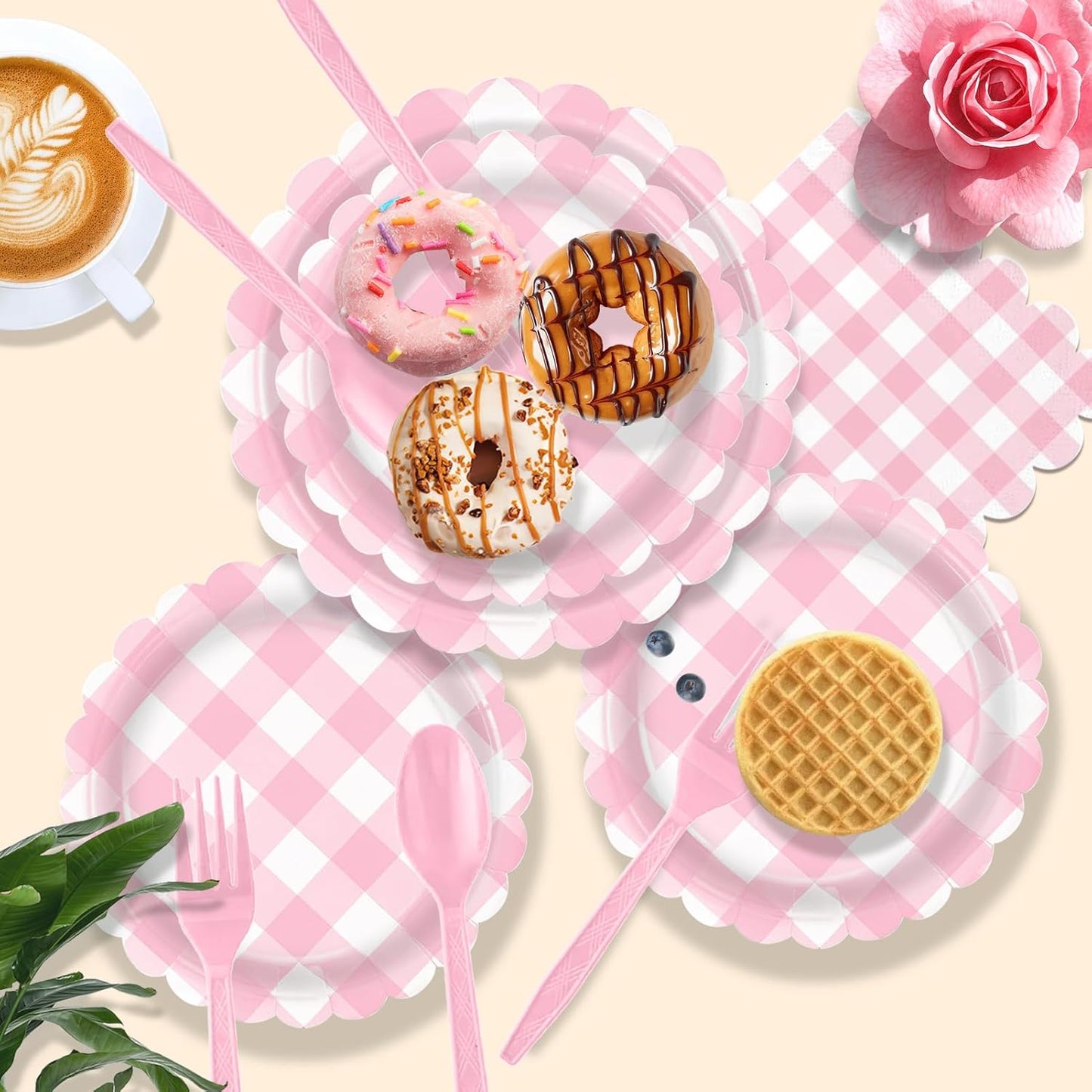 192 PCS Gingham Party Supplies Serve 24 Guests Gingham Plates and Napkins and Cups for Birthday Decorations Baby Shower Checkered Party Supplies Dinnerware Sets for Girl Boy Light Pink White