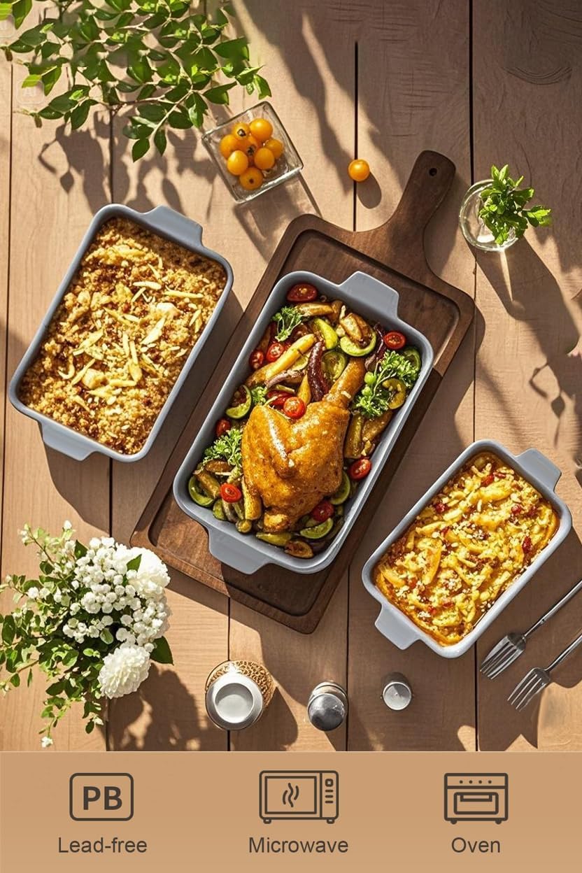 Yachi Ceramic Baking Pan Casserole Dish Set of 3 Pcs Rectangular Bakeware Set Baking Pan with Handle for Steak Beef Roast Chicken spaghetti Lasagna vegetables Microwave, Oven and Dishwasher Safe (Gray)