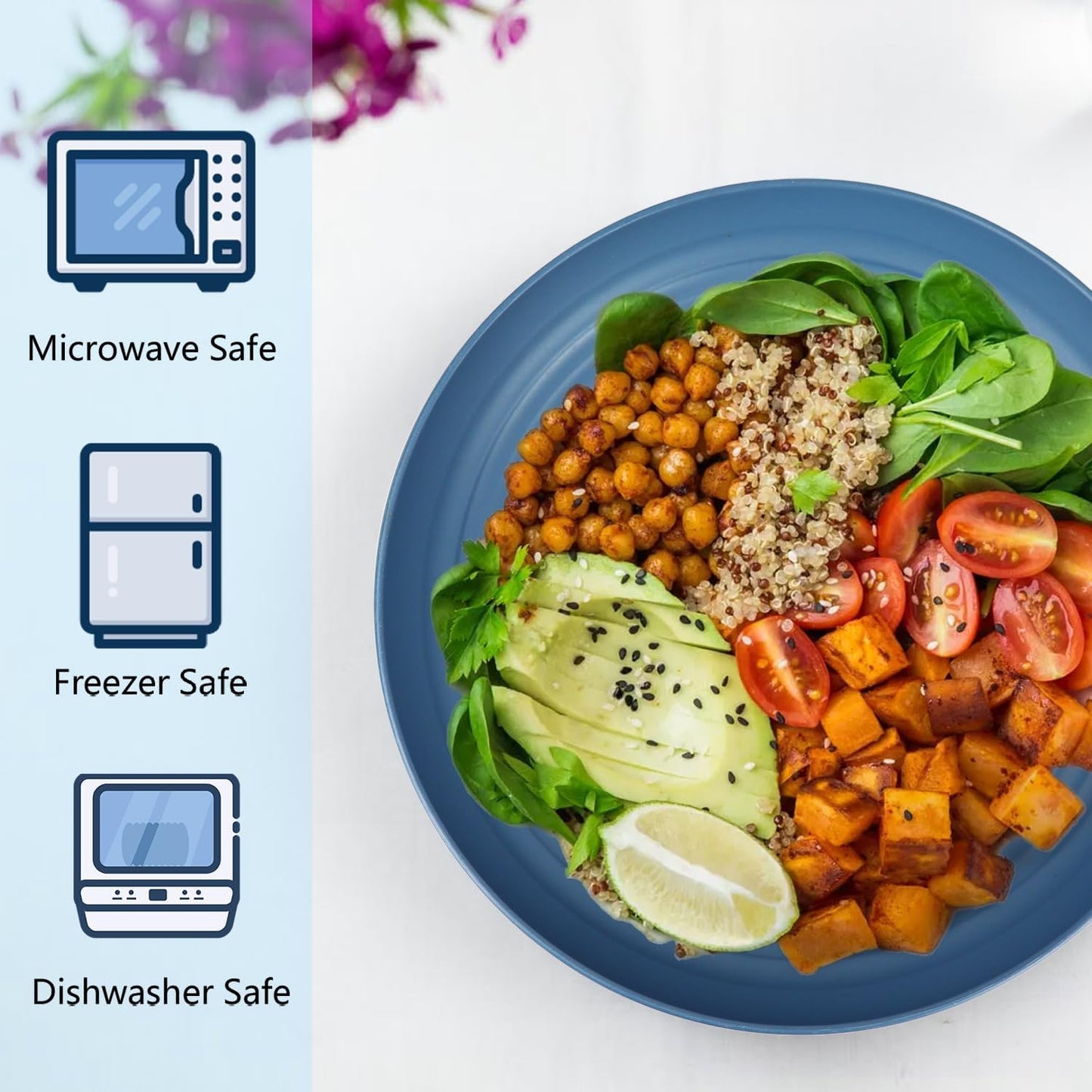 Homienly Deep Dinner Set of 12 - Alternative for Plastic, Microwave and Dishwasher Safe Wheat Straw Plates for Kitchen, Unbreakable Kids (Blue, 9 Inch)