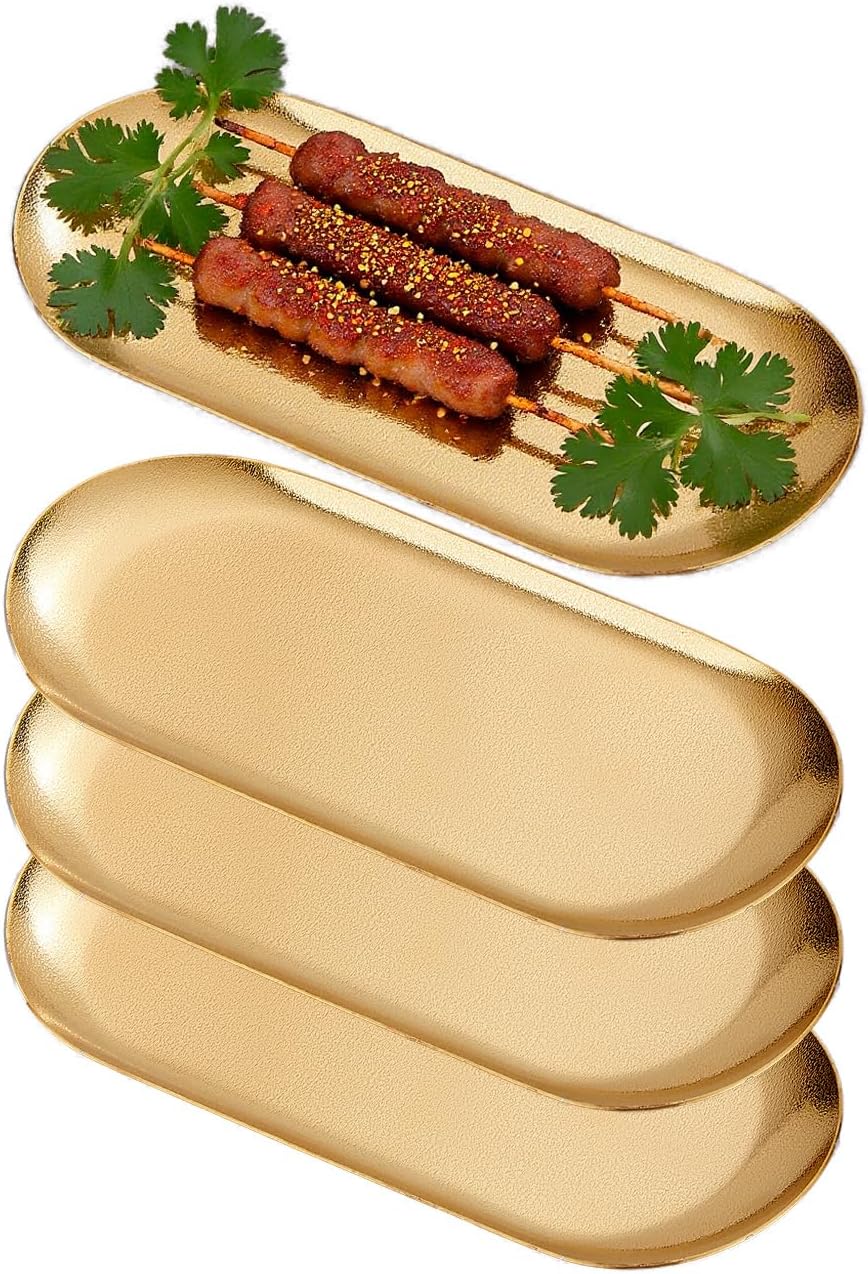 8.5X3.7 inch ellipse Appetizer Plates,thick stainless steel Dinner Plates, Pasta Dessert Plates for Sushi, Fruit oven/Dishwasher Safe, Set of 4,Gold