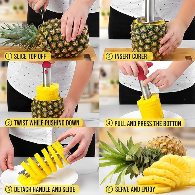 Zulay Kitchen Stainless Steel Pineapple Corer & Slicer – Heavy-Duty Pineapple Cutter with Reinforced Blade & Eye Removal Tool – Effortless Pineapple Core Remover & Slicer - Red