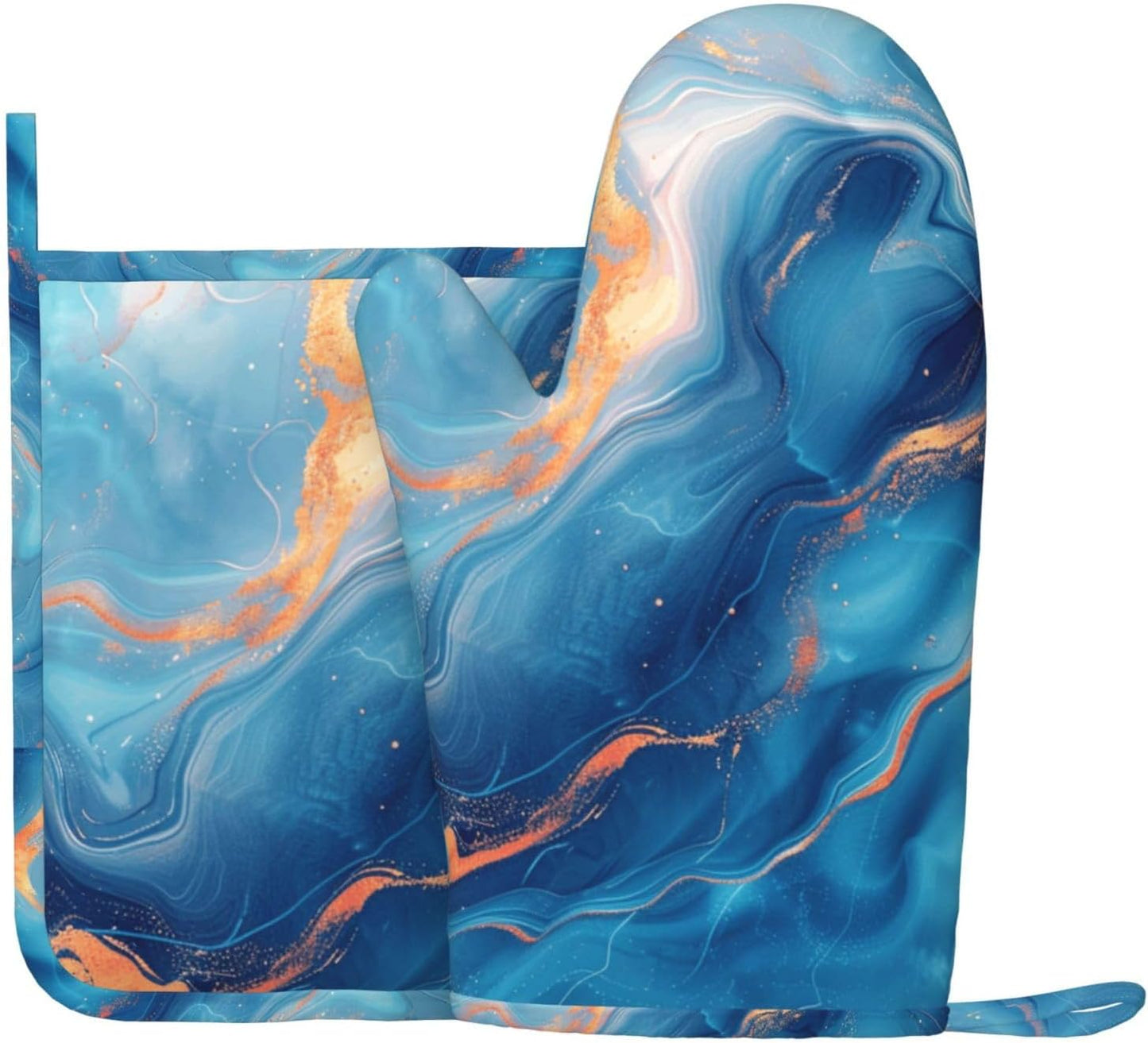 Oven Mitts and Pot Holders Blue Gold Marble Silicone Kitchen Accessories Set of 2 Heat Resistant Long Gloves Potholder Non-Slip Grip for Chef Cooking Baking Grilling BBQ