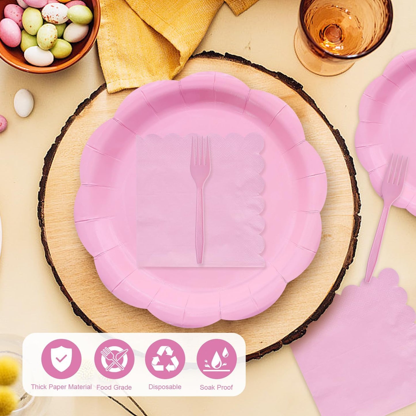 96 Pieces Pink Scalloped Tableware Set Party Supplies – Solid Color Disposable Dinnerware with Paper Plates, Napkins, and Forks for Girls Birthday, Baby Showers, Tea Parties – Serves 24