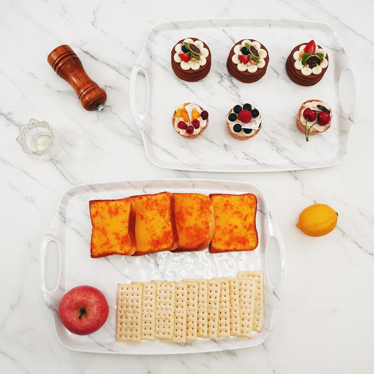 TP Serving Trays with Handles, 17 Inch Large Rectangular Melamine Serving Platter Set of 2, White Marble