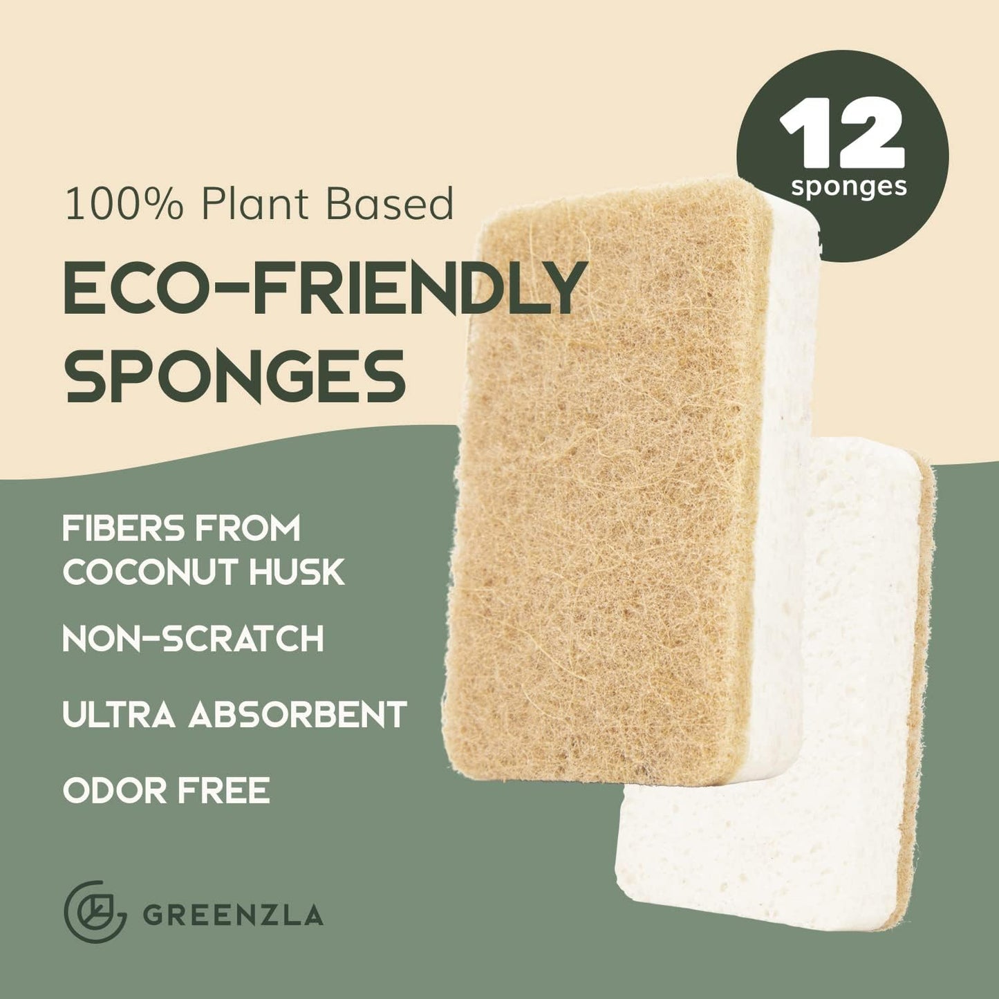 Greenzla Kitchen Sponges, Plant-Based Dish Sponges, Non-Scratch Sisal Hemp Scouring Pads for Dishes, Countertops, Bathtubs, and Tiles, 12 Pack