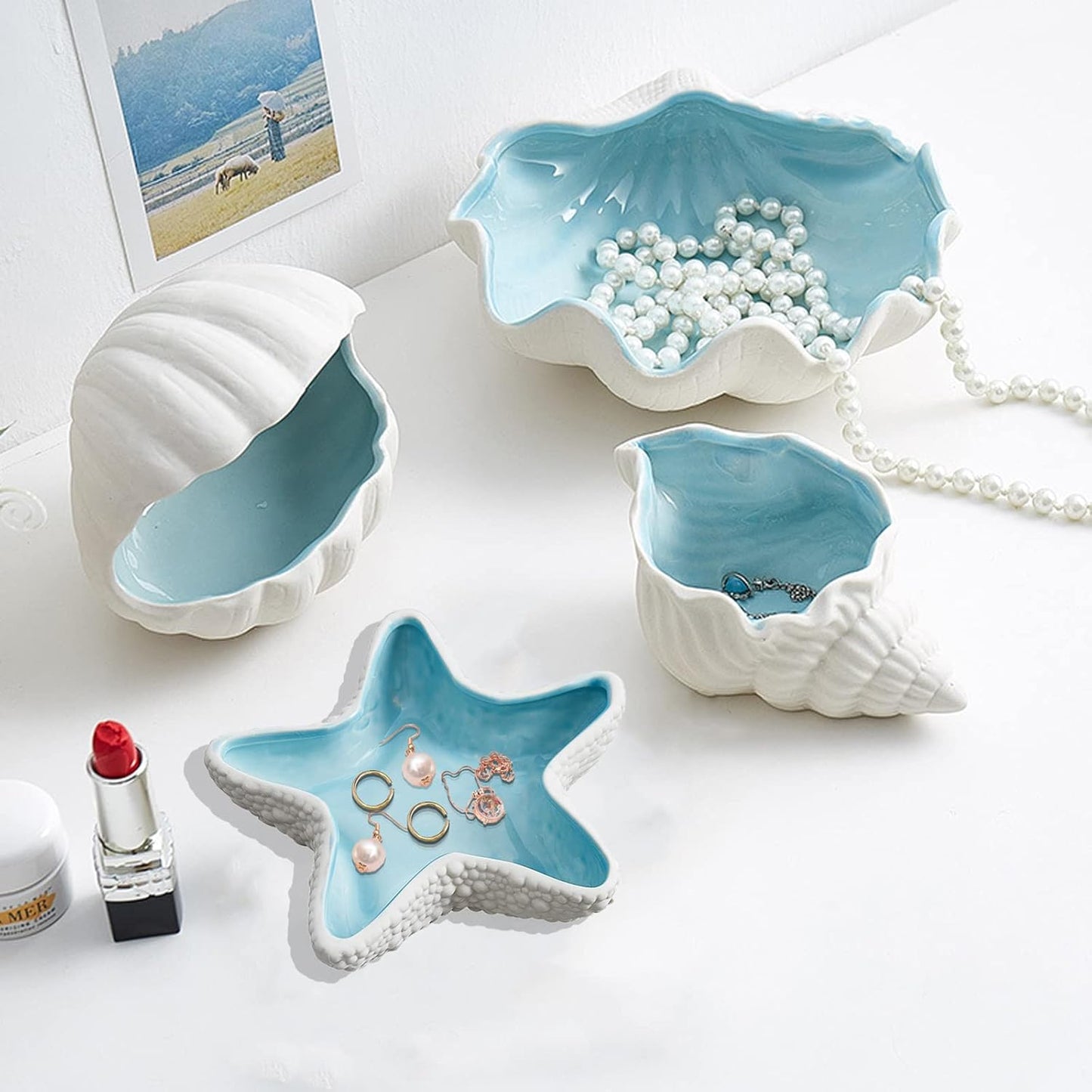 Ceramic Conch Jewelry Dish Tray Shell Trinket Dish Ring Holder Ocean Coastal Decor Jewelry Tray Decorative Tray Key Bowl for Jewelry Birthday Party Easter Gift Hom Room Beachy Decor (E STYLE)