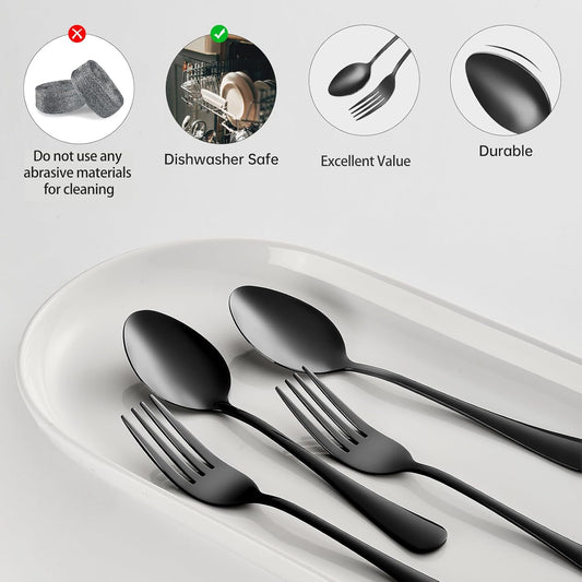 Forks and spoons silverware set 24pcs black spoons and forks set Durable Dishwasher Safe black silverware for home kitchen stainless steel (Black)