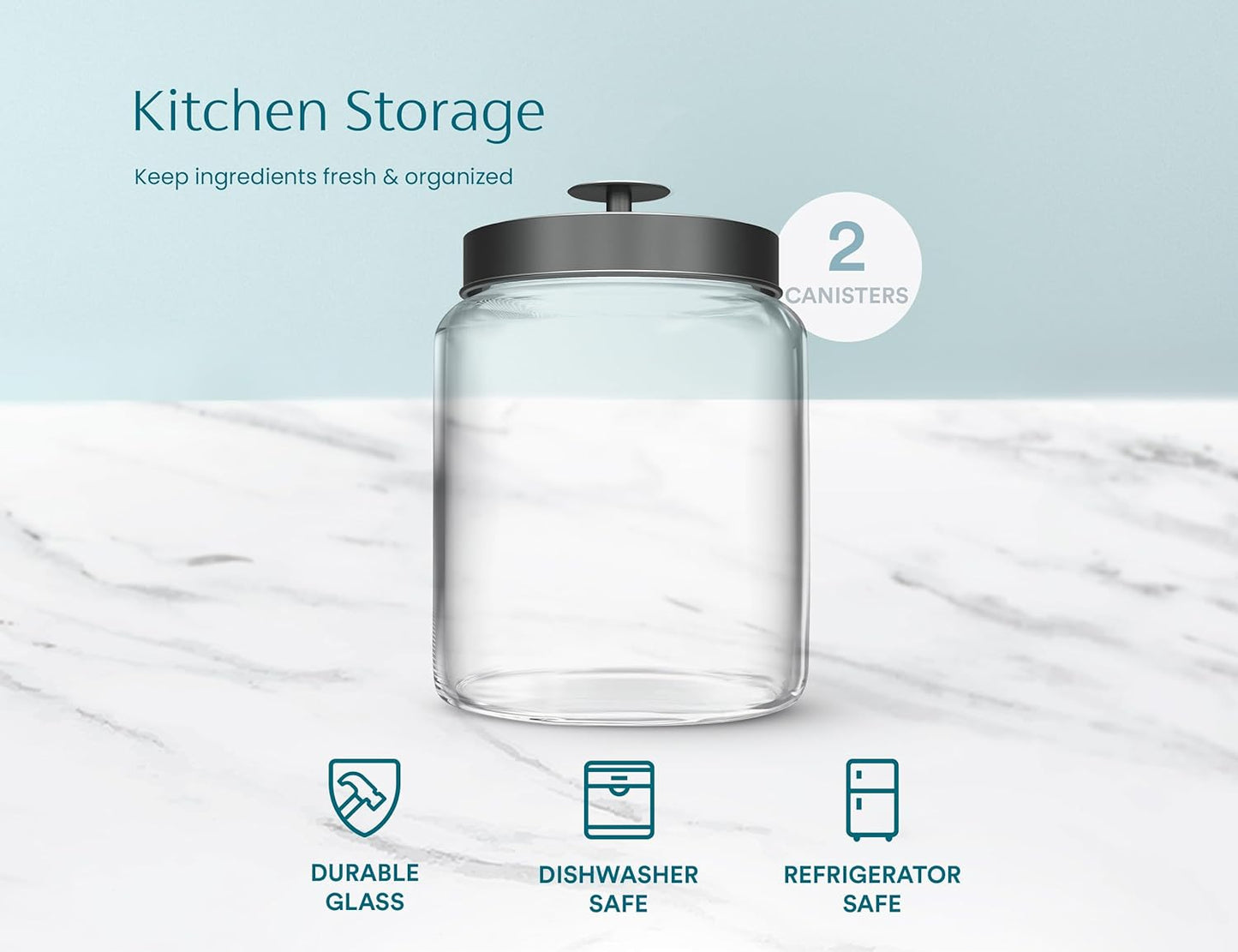 KooK Glass Kitchen Canister Set, Food & Storage Containers for Pantry, Bathroom Apothecary Jars, Tinplate Lids, Counter Organizers, 0.74 Gallon, Black, Set of 2