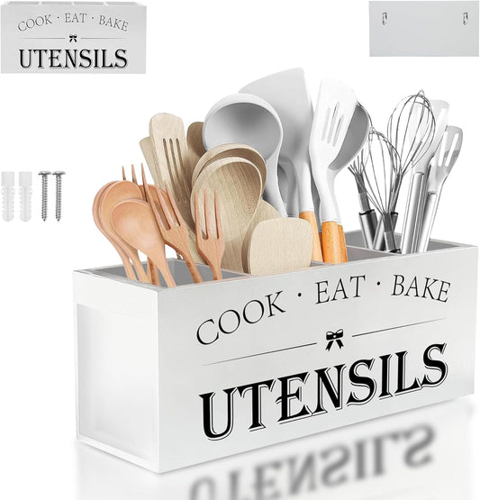 Extra Large Kitchen Utensil Holder with 4 Compartments, Wooden Countertop Organizer, Rustic Black Farmhouse Decor for Cooking Tools, Spoons, Spatulas, Knives & Forks - White Grain