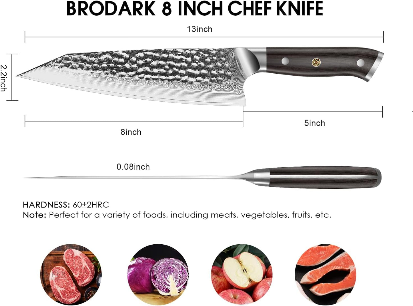 BRODARK Japanese Chef Knife, Damascus Chef Knife 8 inch with Japanese VG-10 Steel Core, Ultra-Sharp Professional Kitchen Knife, Handcrafted with Ebony Wood Handle, Holiday Gifts