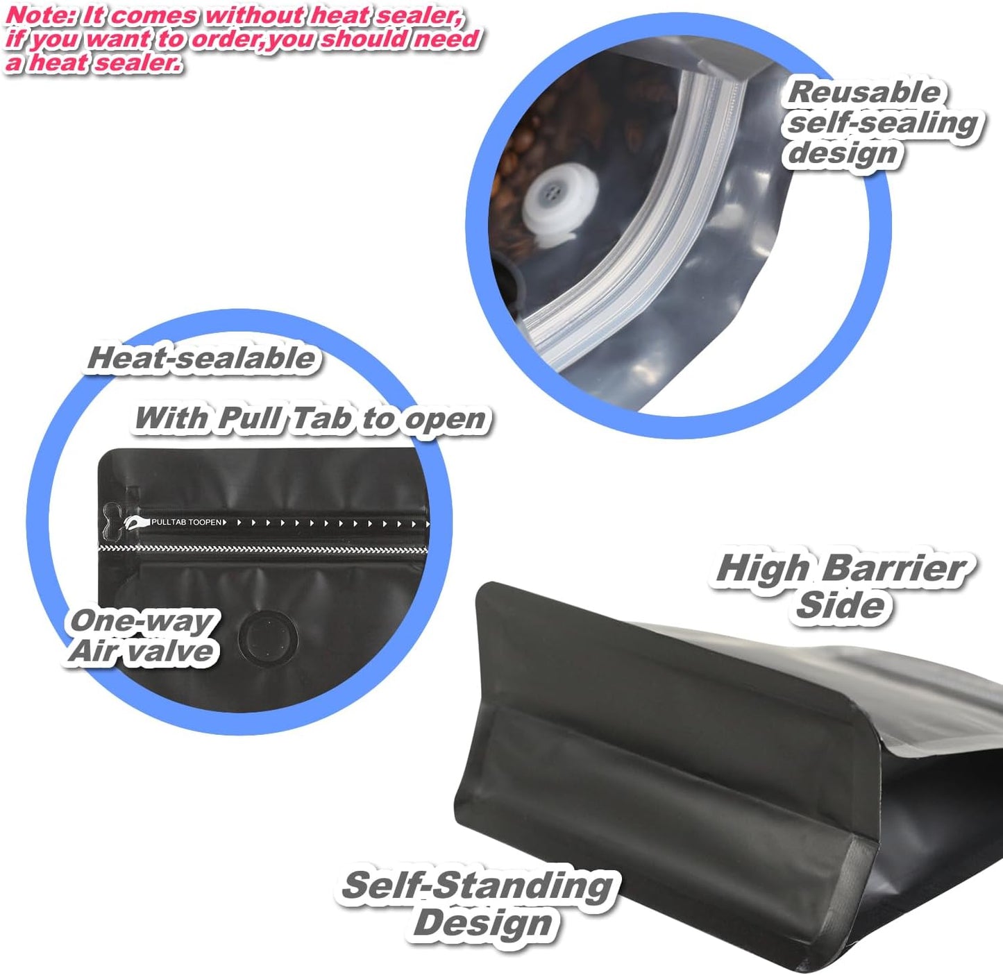 110 Pack High Barrier Stand-Up Coffee Bean Bags with Vented Valve, Matte Metallic, Heat-Sealable and Resealable Solid Color Pouches for Food Storage (5.1 * 8 inch,1/2 lb,8 oz,Black)