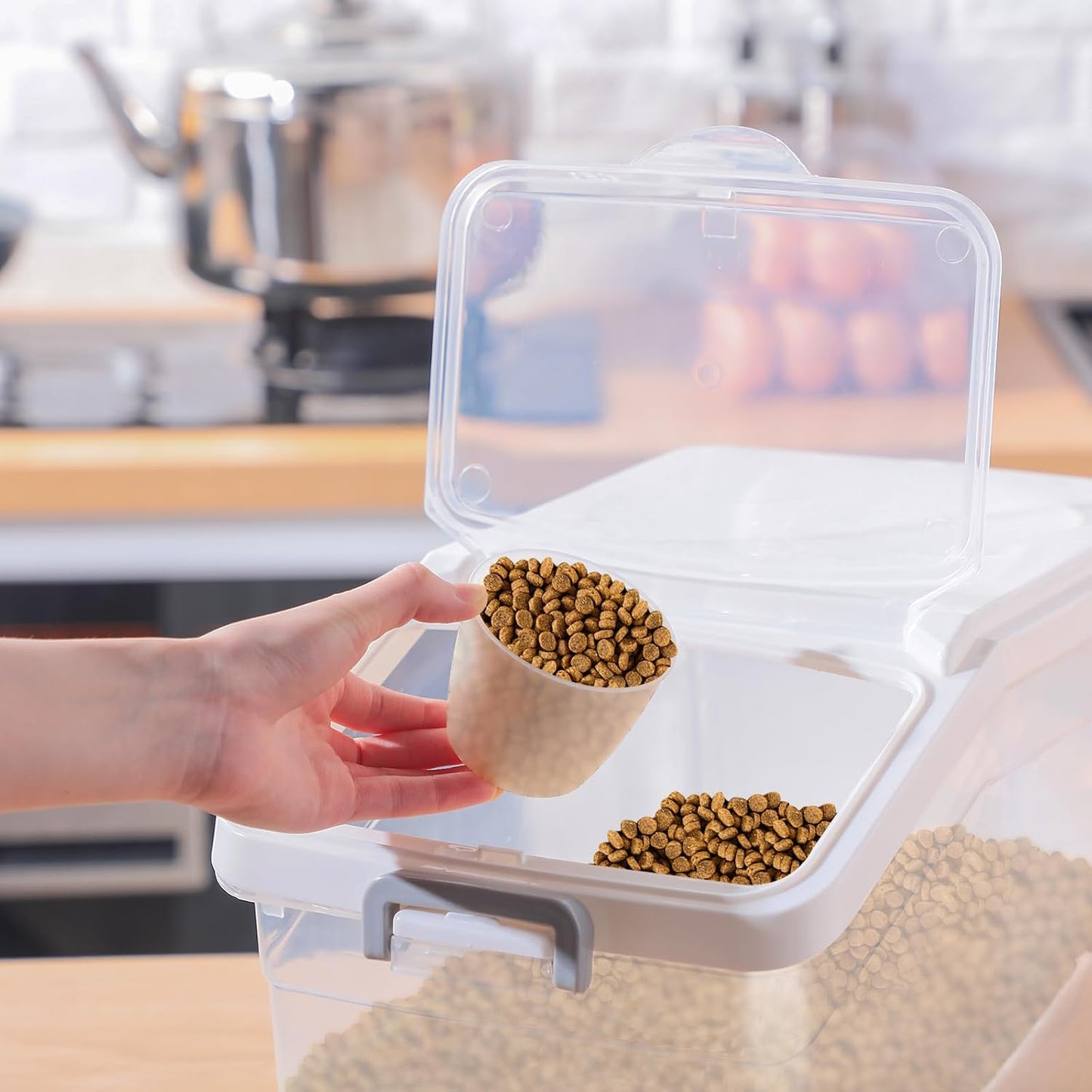 Sunnyray 4 Pcs Rice Storage Container 22 lb Airtight Flour Container with Wheels Measuring Cup Clear Pet Food Cube Dog Cat Birds Food Bin Grain Cereal Organizer Box for Dry Baking Supplies(White Lid)