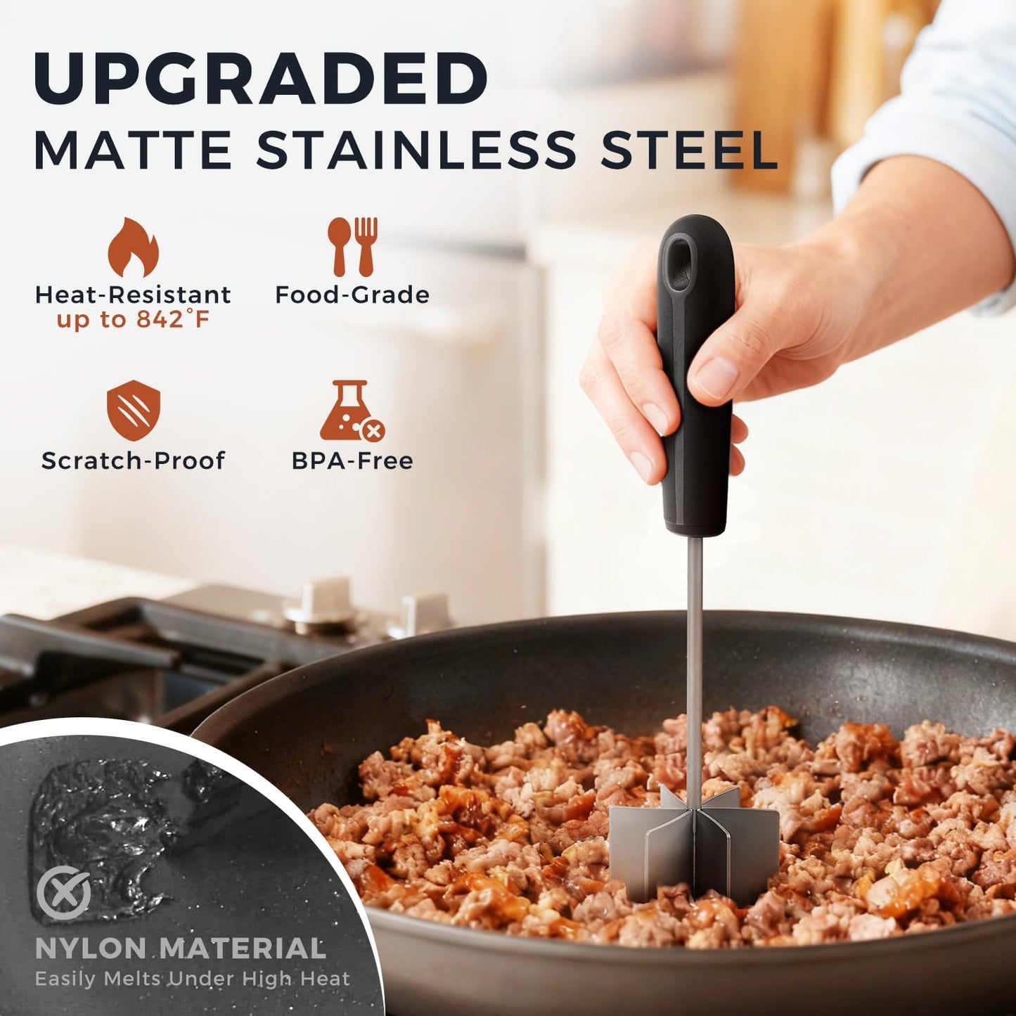 Stainless Steel Meat Chopper & Masher, Coinicxcel 10 Inch Heat Resistant Ground Beef Chopper Tool with 6 Curve Blades & Egonomic Non-Slip Handle, Heavy-Duty Hamburger Smasher Tool Dishwasher Safe