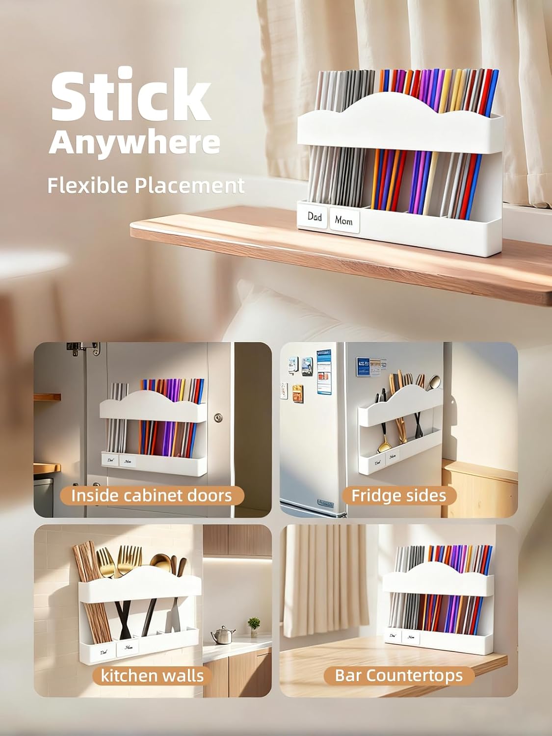 9.8" Acrylic Straw Holder for Cabinet Door - 5-Compartment Organizer with Ultra-Sticky Adhesive, Storage for Reusable Straws and Brushes, Kitchen & RV Essensials