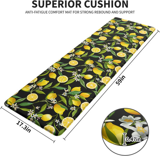 Lemon Kitchen Mats for Floor - Anti Fatigue Mats for Kitchen Floor, Cushioned Non-Skid Washable Memory Foam Rug for Office, Sink, Laundry (17.3"×59"×0.47") Black