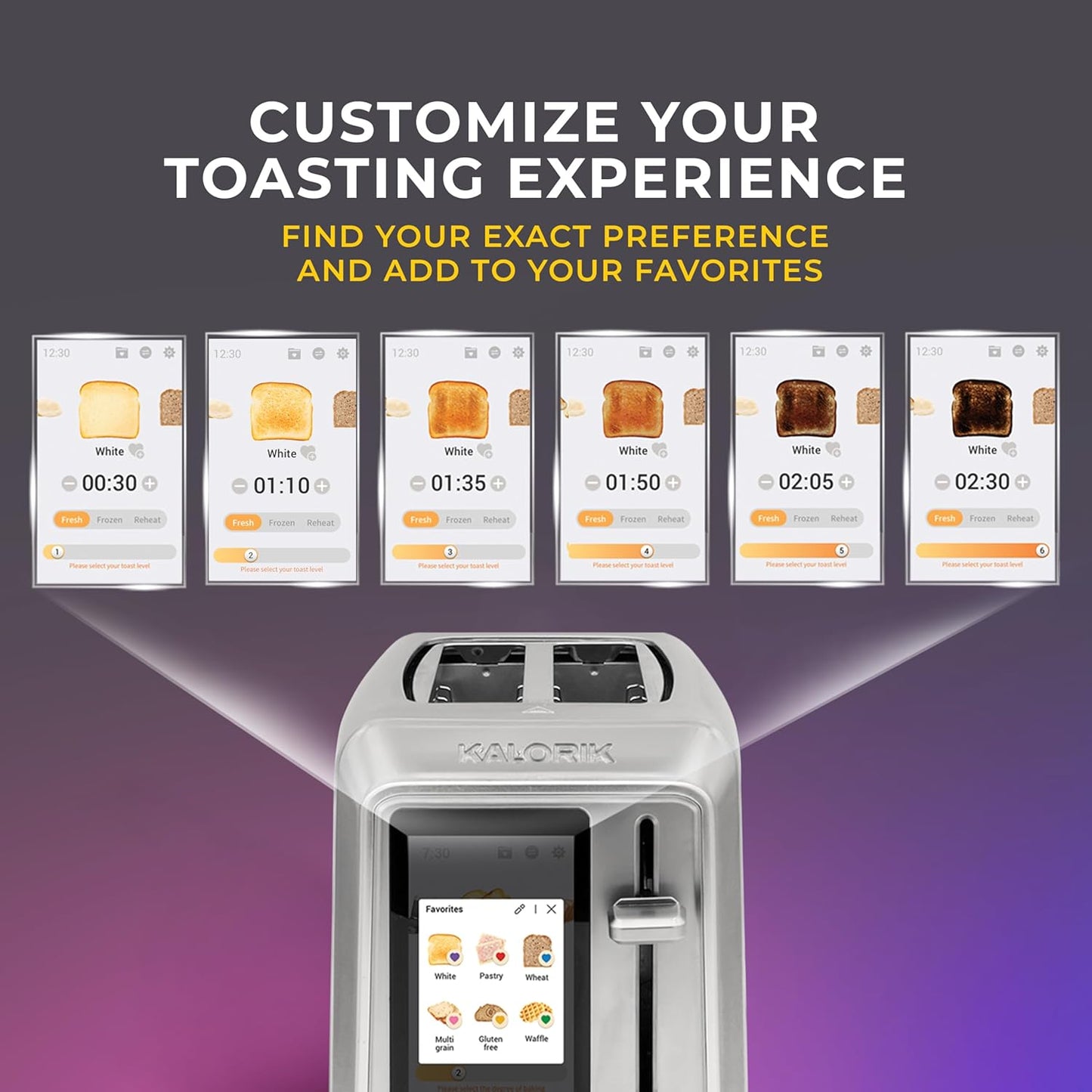 Kalorik Toaster VIVID TOUCH Series 2-Slice with Large High-Resolution Touchscreen and Customizable Cooking Presets by Bread Type, Features Wide Slots and High Lift Lever, 1000-Watts, Stainless Steel