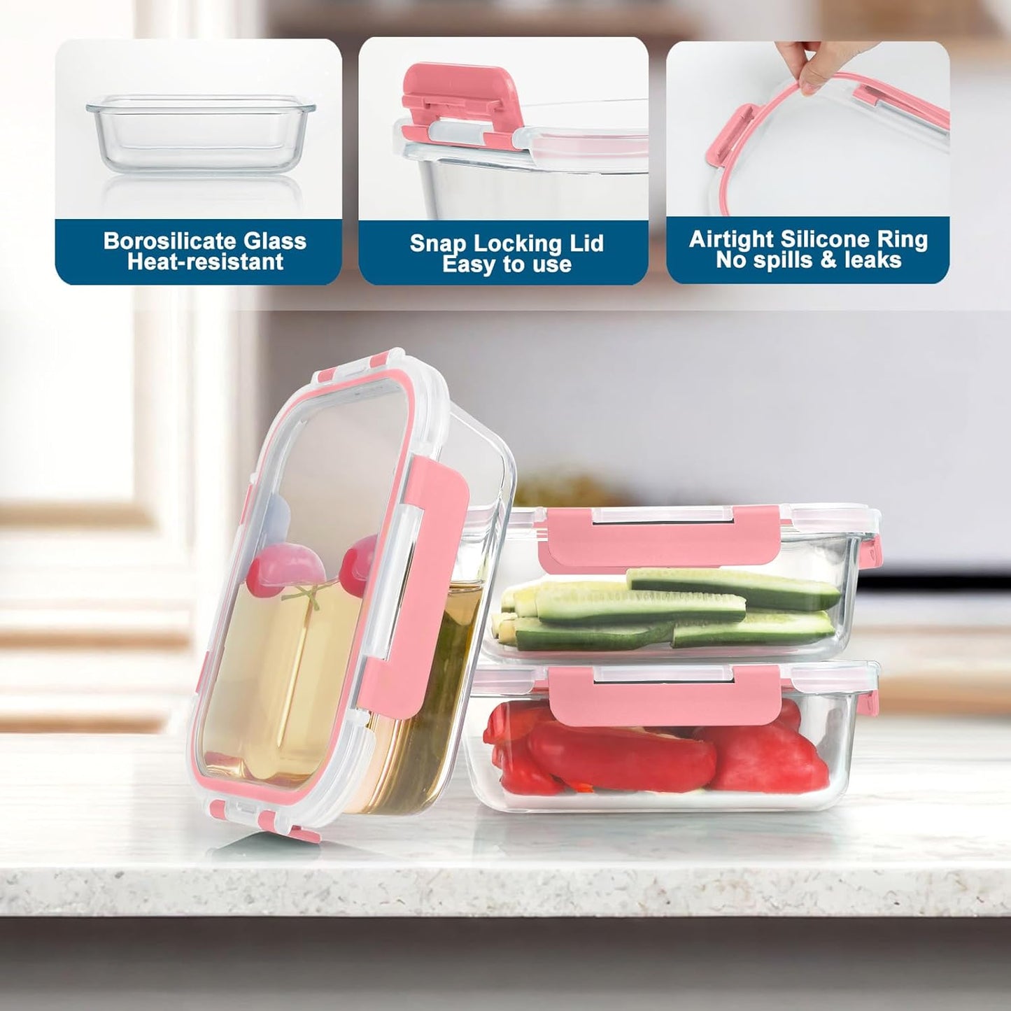 BAYZZ 10 Pack Glass Meal Prep Containers, Glass Food Storage Containers with Lids, Airtight Lunch Box, Freezer,Oven,Microwave and Dishwasher Safe,Pink