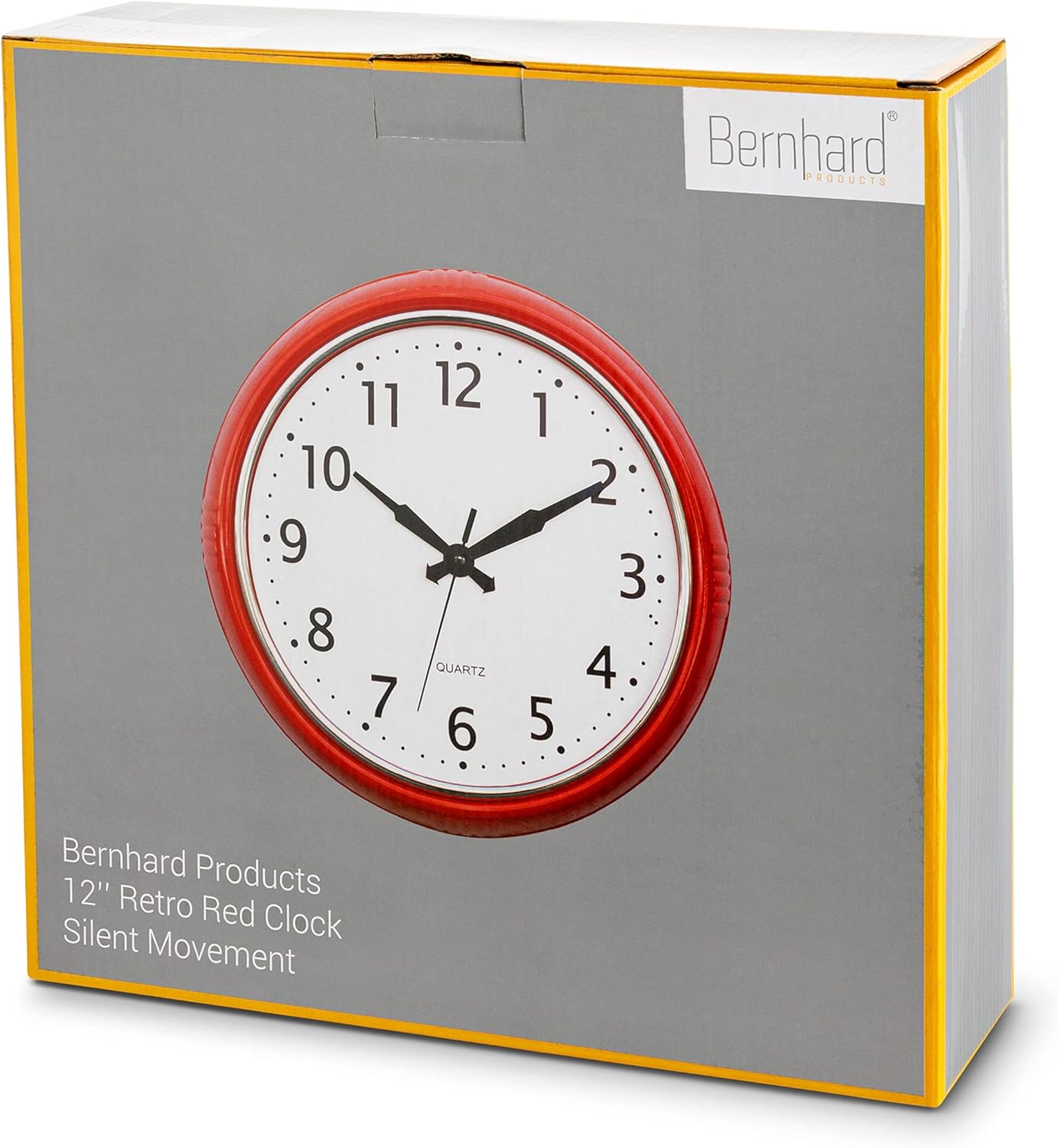Bernhard Products Retro Wall Clock 12 Inch Red Kitchen 50's Vintage Design Round Silent Non Ticking Battery Operated Quality Quartz Clock for Home Office School or Classroom