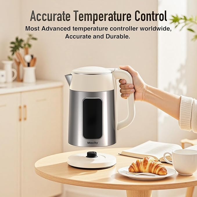 Mecity Electric Kettle 1.7L Touch Screen Temperature Control Water Boiler, No Plastic Contact with Water. 6 Presets For Tea and Coffee, 2 Hours Keep Warm, Cream & Stainless Steel Color
