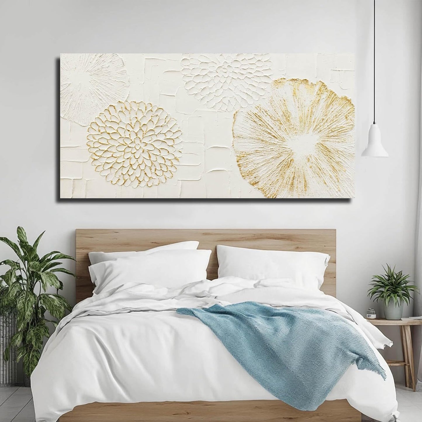 VAYIMDH White and Gold Wall Decorations Flower Wall Paintings Neutral Wall Art 29"x58" Over The Bed Wall Decor for Bedroom Kitchen Pictures