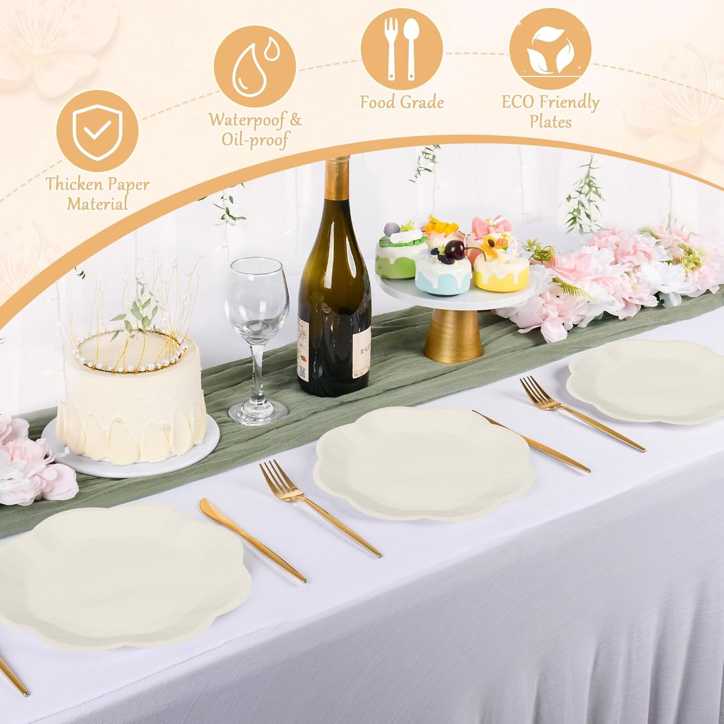 30 Pcs Ivory Paper Plates - 9 Inch Scalloped Dessert Plates Disposable Ivory Birthday Party Supplies Dinner Plates for Wedding Baby Shower Birthday Party