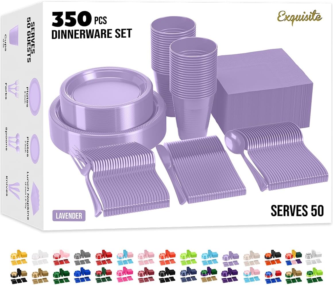 Party Solids 350 Pieces Lavender Plastic Plates For Party, Lavender Disposable Plates Set, 50 Of Each 9" Dinner Plate Set, 7" Dessert Plate, Cups, Napkins & Cutlery Plastic Dinnerware