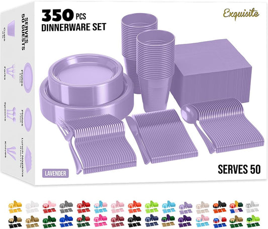 Party Solids 350 Pieces Lavender Plastic Plates For Party, Lavender Disposable Plates Set, 50 Of Each 9" Dinner Plate Set, 7" Dessert Plate, Cups, Napkins & Cutlery Plastic Dinnerware