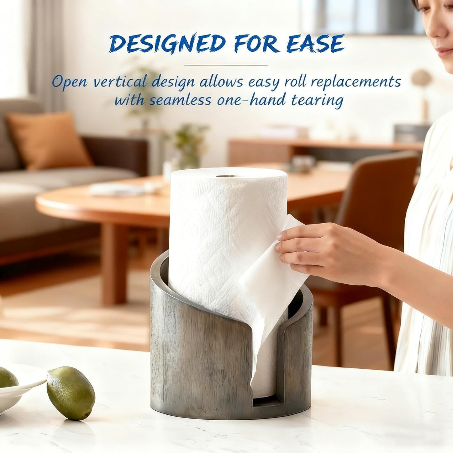 Mountain Paper Towel Holder Countertop with Mango Wood and Iron Round Base, Effortless One-Hand Tear Modern Kitchen Towel Dispenser for Counter, Cabinet, Farmhouse Kitchen (Natural Wood)