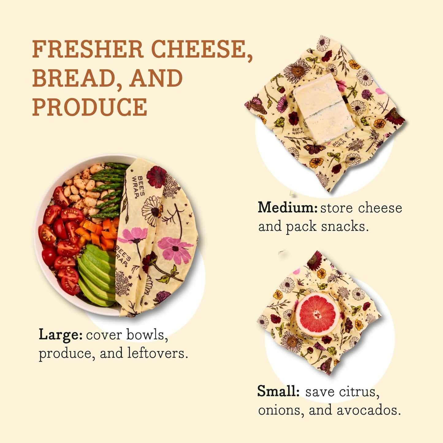 Bee's Wrap Vegan Beeswax Wraps for Food - Made in USA Reusable & Organic Food Wraps, Sandwich Wrap & Bowl Covers - Eco Alternative to Aluminum Foil & Plastic Wrap, Vegan Meadow Magic 3 Pack (S, M, L)