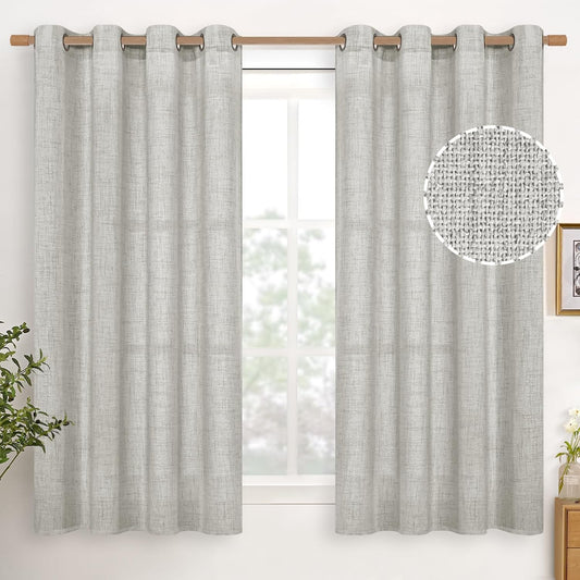 YoungsTex Light Grey Linen Curtains 45 Inches Long for Short Window, Textured Semi Sheer Drapes with Bronze Grommet Light Filtering for Kitchen Cafe Bathroom, 2 Panels, 52 X 45 Inch