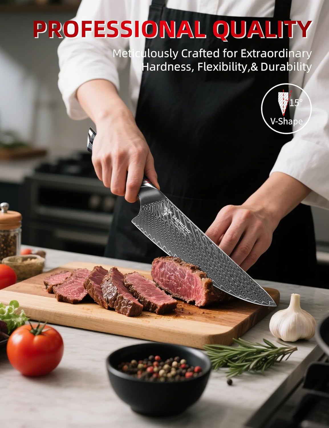 Chef Knife 8 Inch - Professional Japanese Kitchen Knife - Black Damascus Steel with Ergonomic Handle - MIAO Series