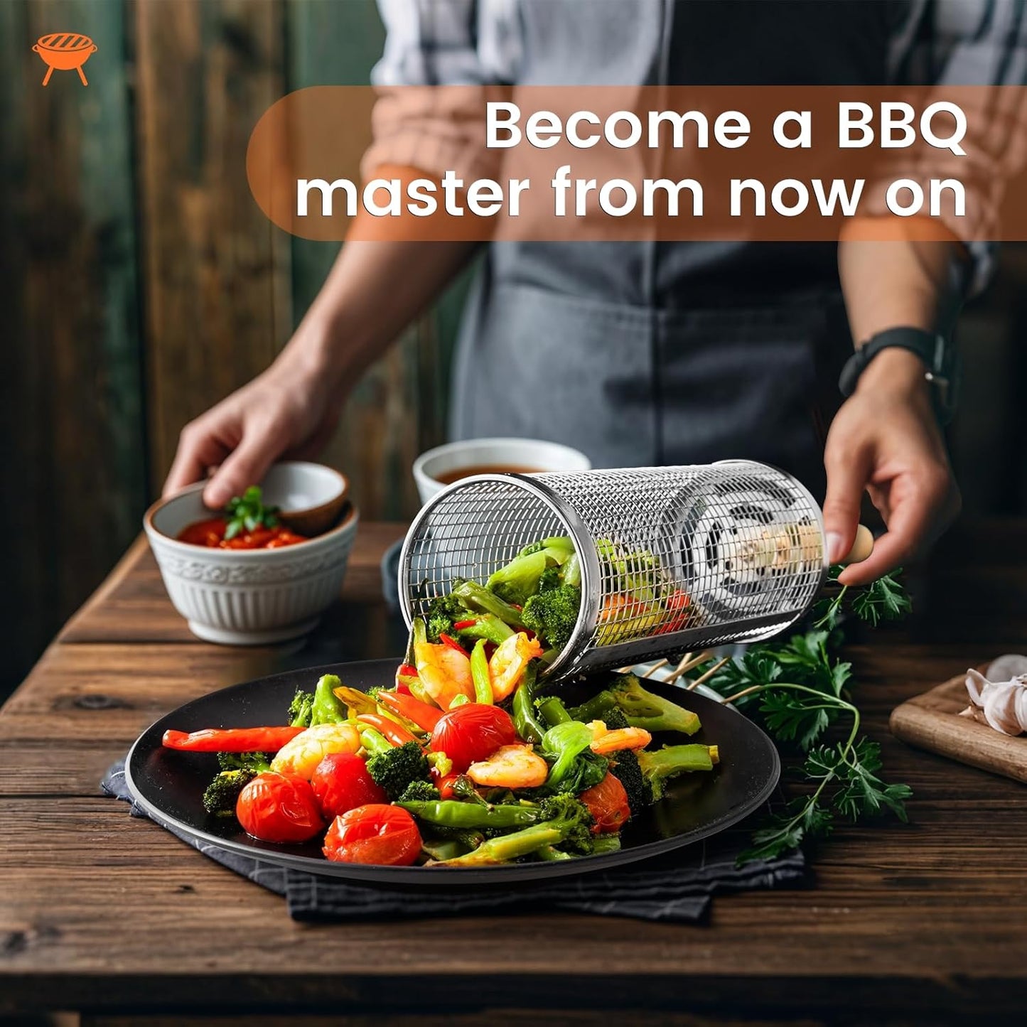 Nesting Grill Baskets (2 PCS), 304 Stainless Steel with Removable Wooden Handle, Rolling Grilling Net, BBQ Accessories Tools for Vegetables Shrimp, Outdoor Camping, Gifts for Men Dad and Husband