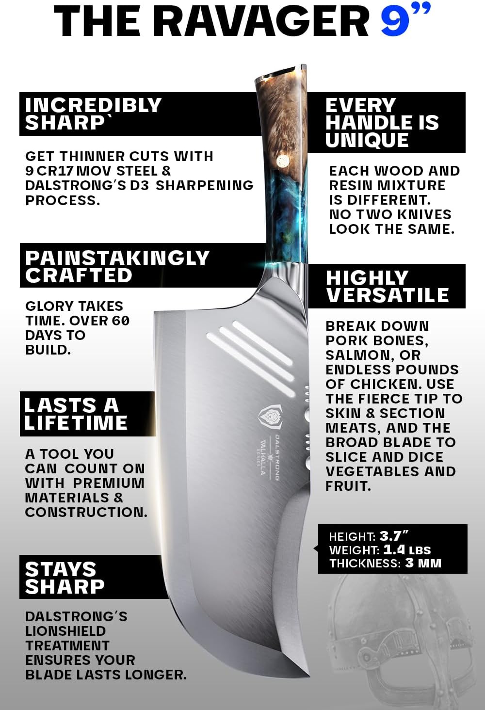 Dalstrong Massive Cleaver Knife - 9 inch - 'The Ravager' - Valhalla Series - 7CR17MOV HC Steel Kitchen Knife - Celestial Resin & Wood Handle - Razor Sharp Meat Cutting Knife - w/Leather Sheath