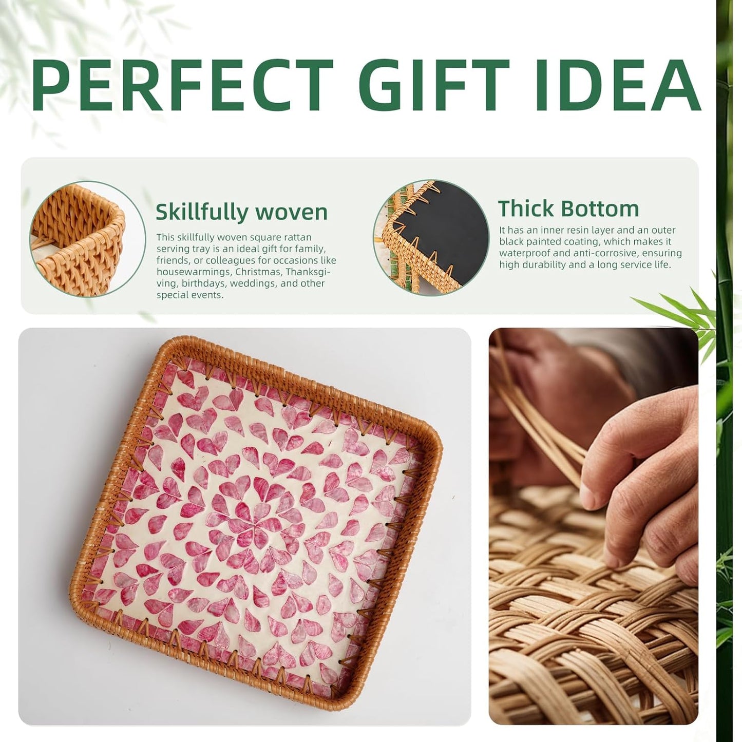 Rattan Tray with Mother of Pearl Inlay, Boho Coffee Table Decor, Decorative Serving Tray, Farmhouse Gift for Living Room & Bathroom