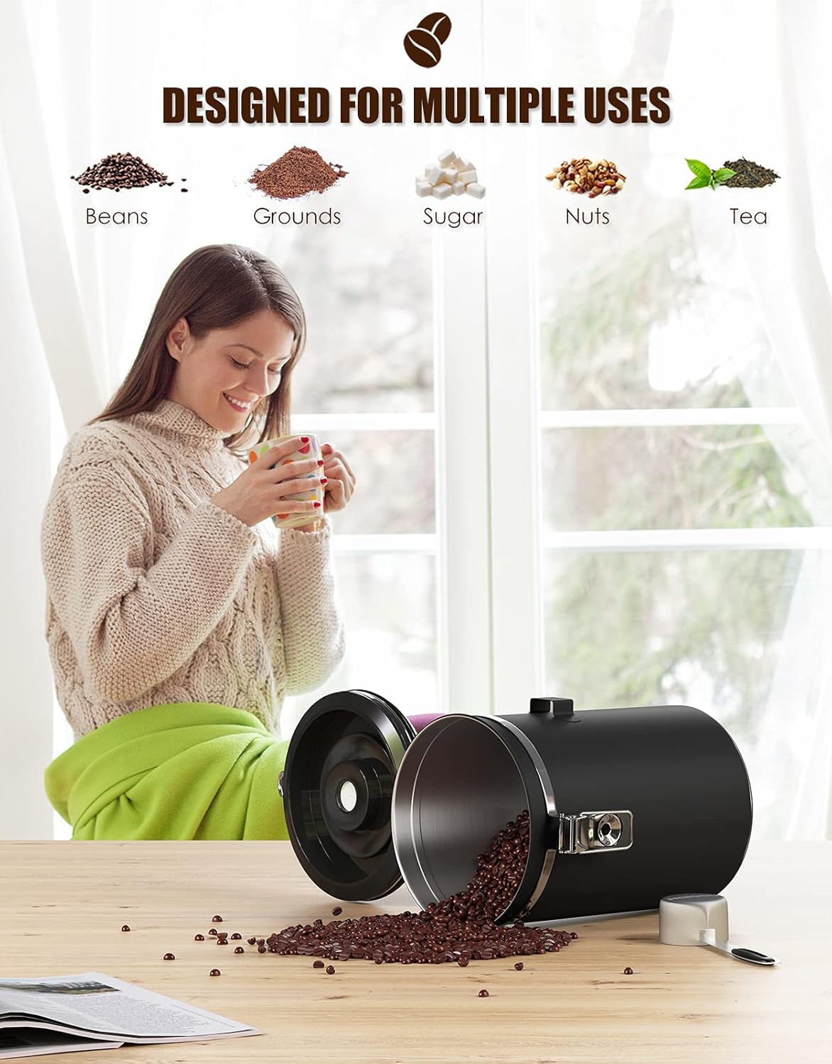 HAIOOU Airtight Coffee Canister, 22OZ Large Stainless Steel Coffee Bean Storage Container with Date Tracker, Measuring Scoop, 6Pcs CO2 Valves and Mini Tongs for Beans, Grounds, Sugar and more - Black