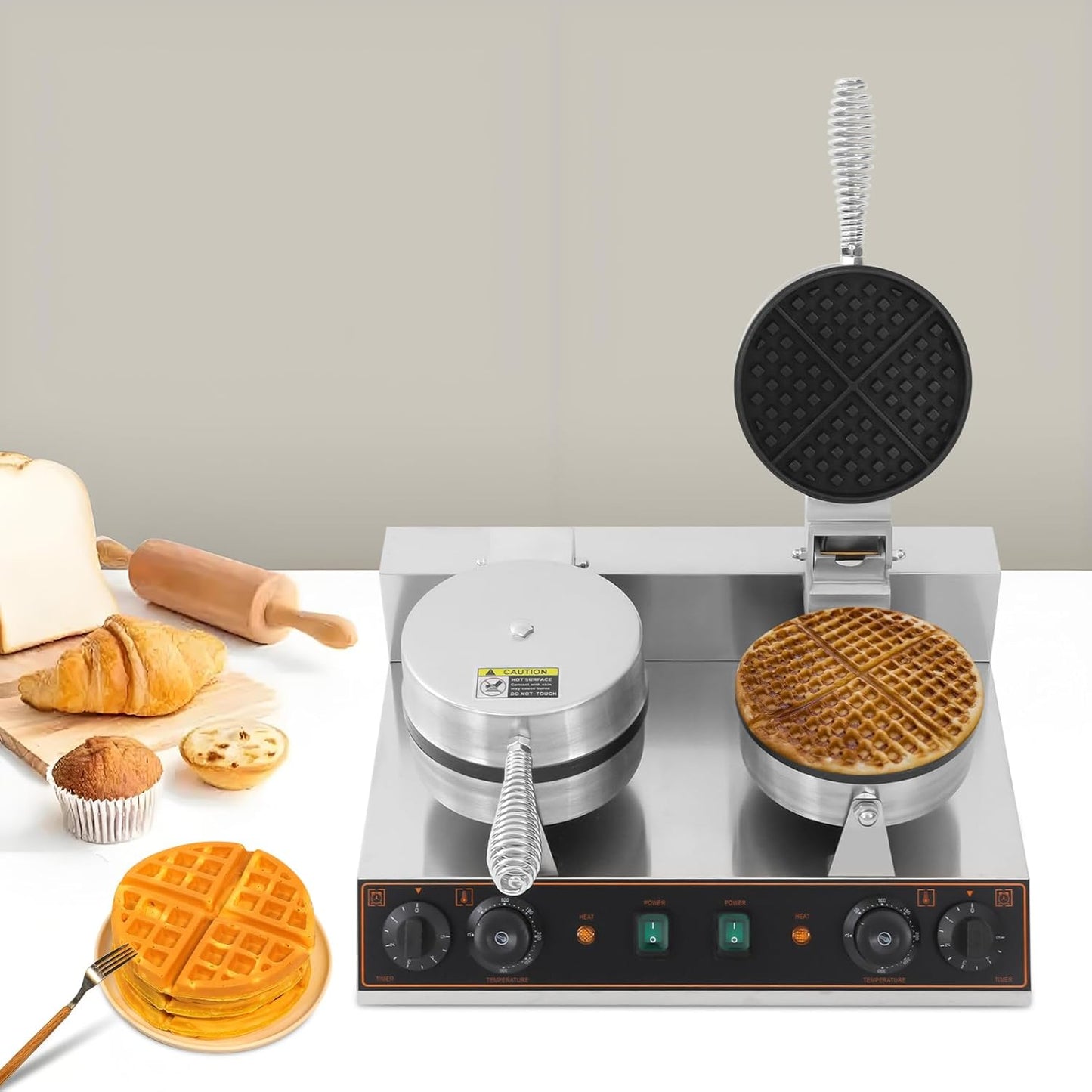 2400W Commercial Double Waffle Maker, Electric Waffle Maker Non-Stick Stainless Steel Belgian Waffle Iron w/Time & Temper Adjustable, Large Waffle Machine for Restaurant Party Food Stall